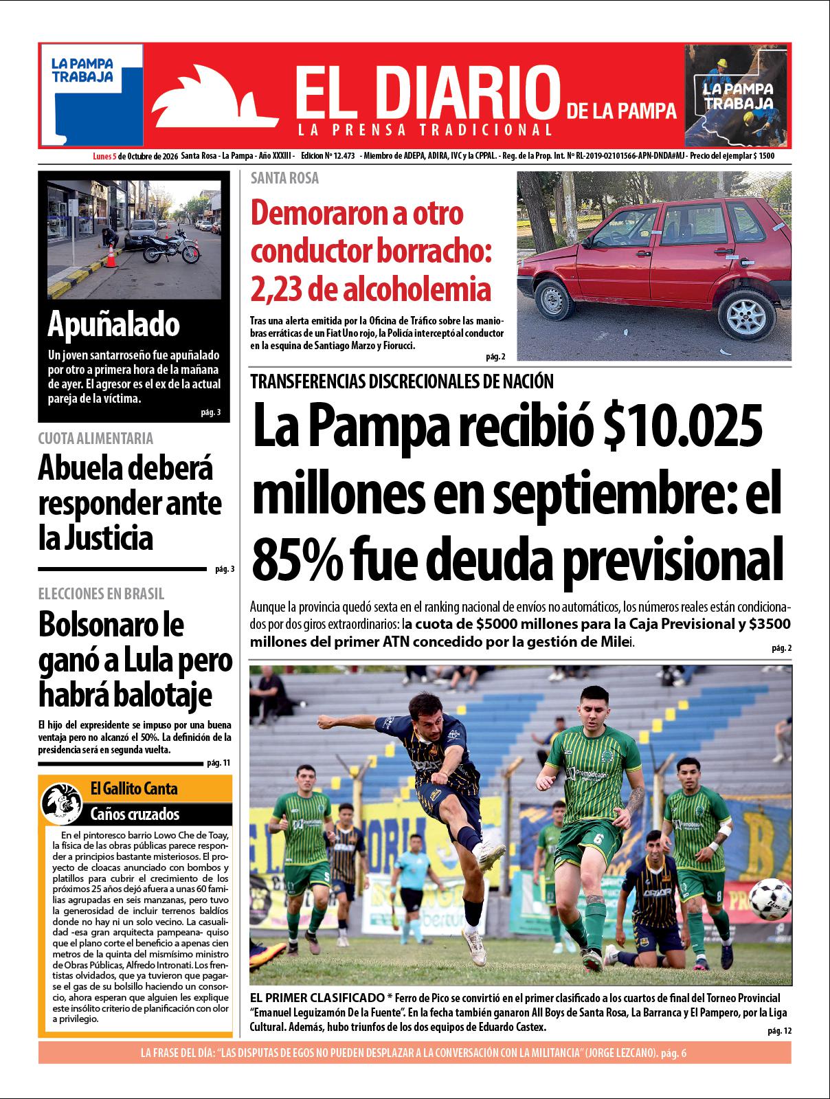 Tapa de El Diario en papel  lunes 05 de octubre de 2026